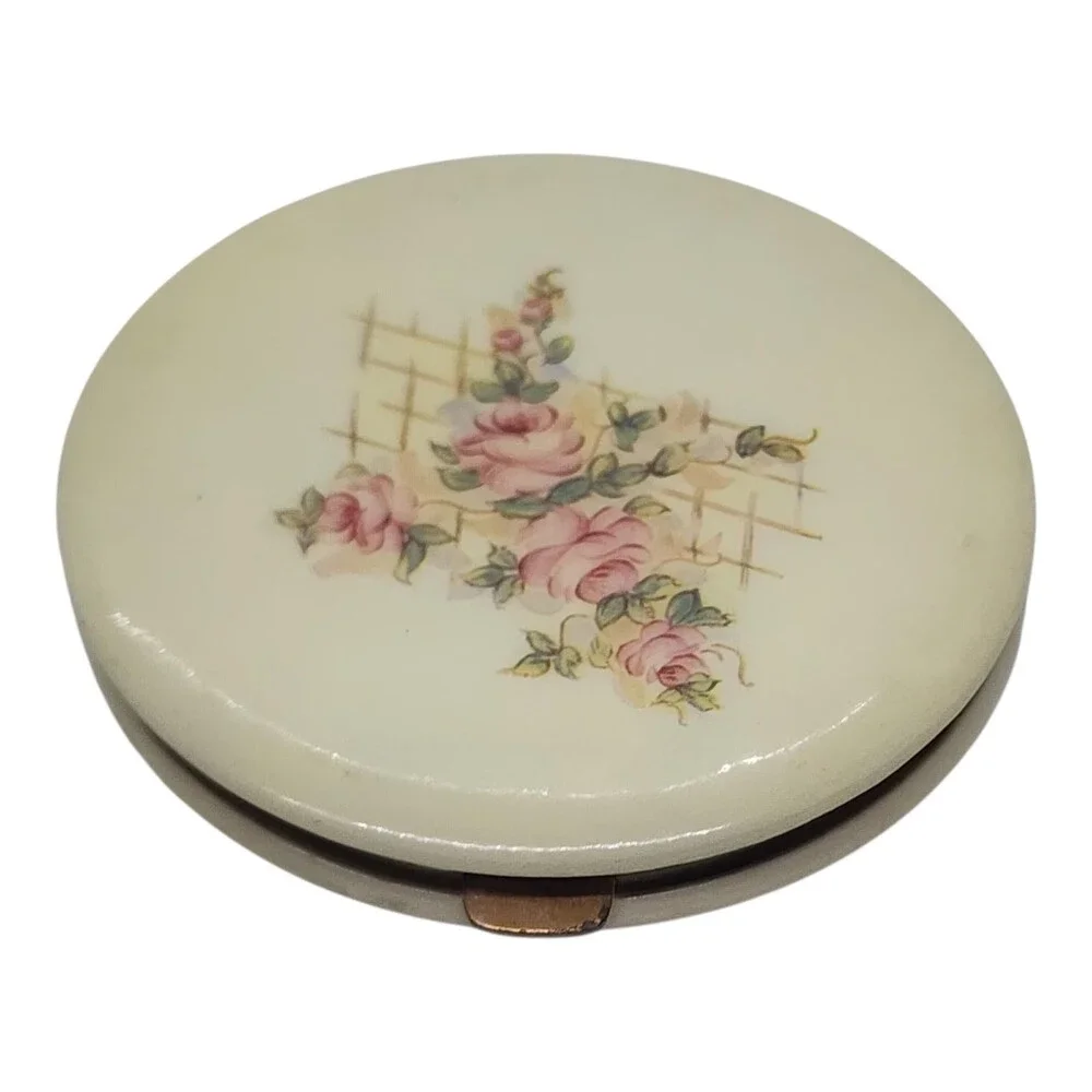 Vintage Large Lucite Powder Compact Pink Roses Floral Vanity Mirror 3